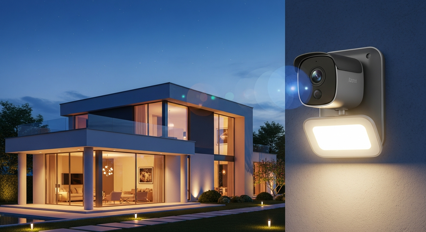 Ảnh camera an ninh tích hợp đèn thông minh, hoặc mô phỏng biệt thự tự bật đèn khi gia chủ vắng nhà, thể hiện khả năng bảo vệ của hệ thống chiếu sáng đèn thông minh.