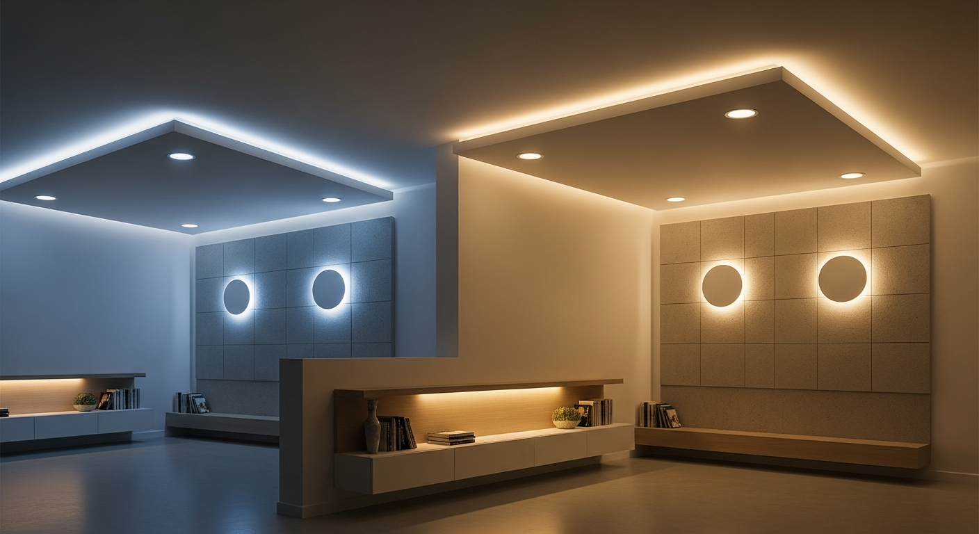 Hình minh họa các loại đèn thông minh được tích hợp liền mạch trong trần, tường, hoặc đồ nội thất, cho thấy sự tinh tế của hệ thống chiếu sáng đèn thông minh.