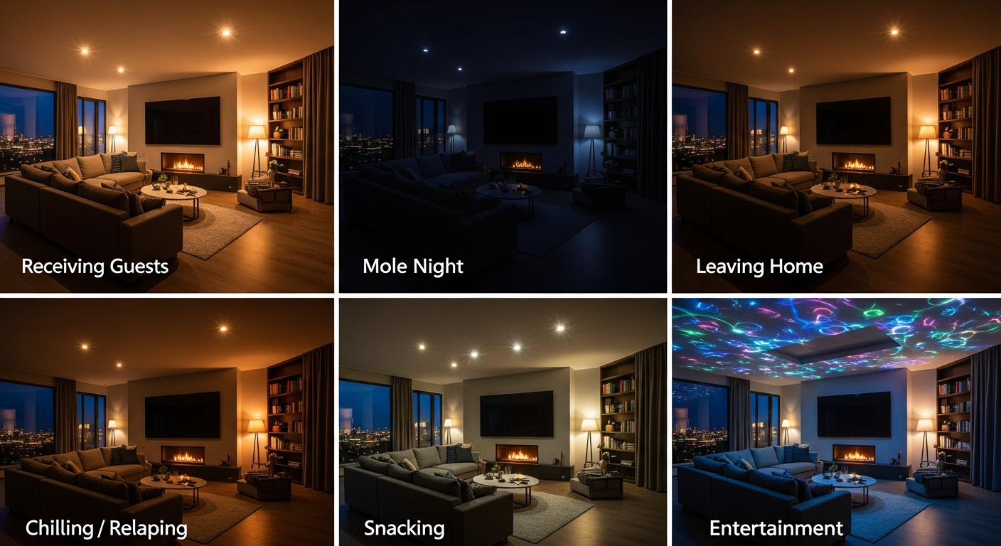 Ảnh phòng khách đa năng, với 2-3 kịch bản ánh sáng khác nhau (sáng rõ khi tiếp khách, mờ ảo khi xem phim)
