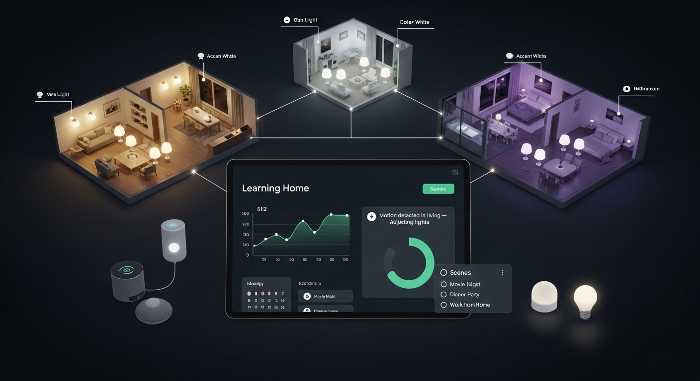 Ảnh hoặc chuỗi ảnh mô phỏng một kịch bản chiếu sáng cụ thể được thực hiện bởi hệ thống chiếu sáng đèn thông minh trong từng phòng