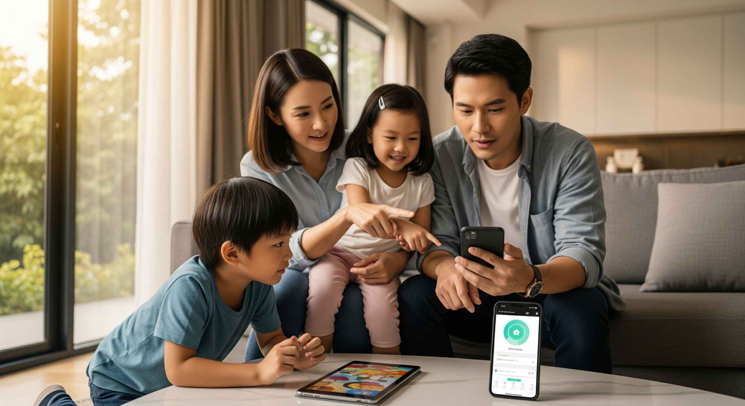 Hình minh họa: Hình ảnh một gia đình trẻ đang tương tác với trợ lý ảo hoặc điều khiển smart home qua điện thoại.