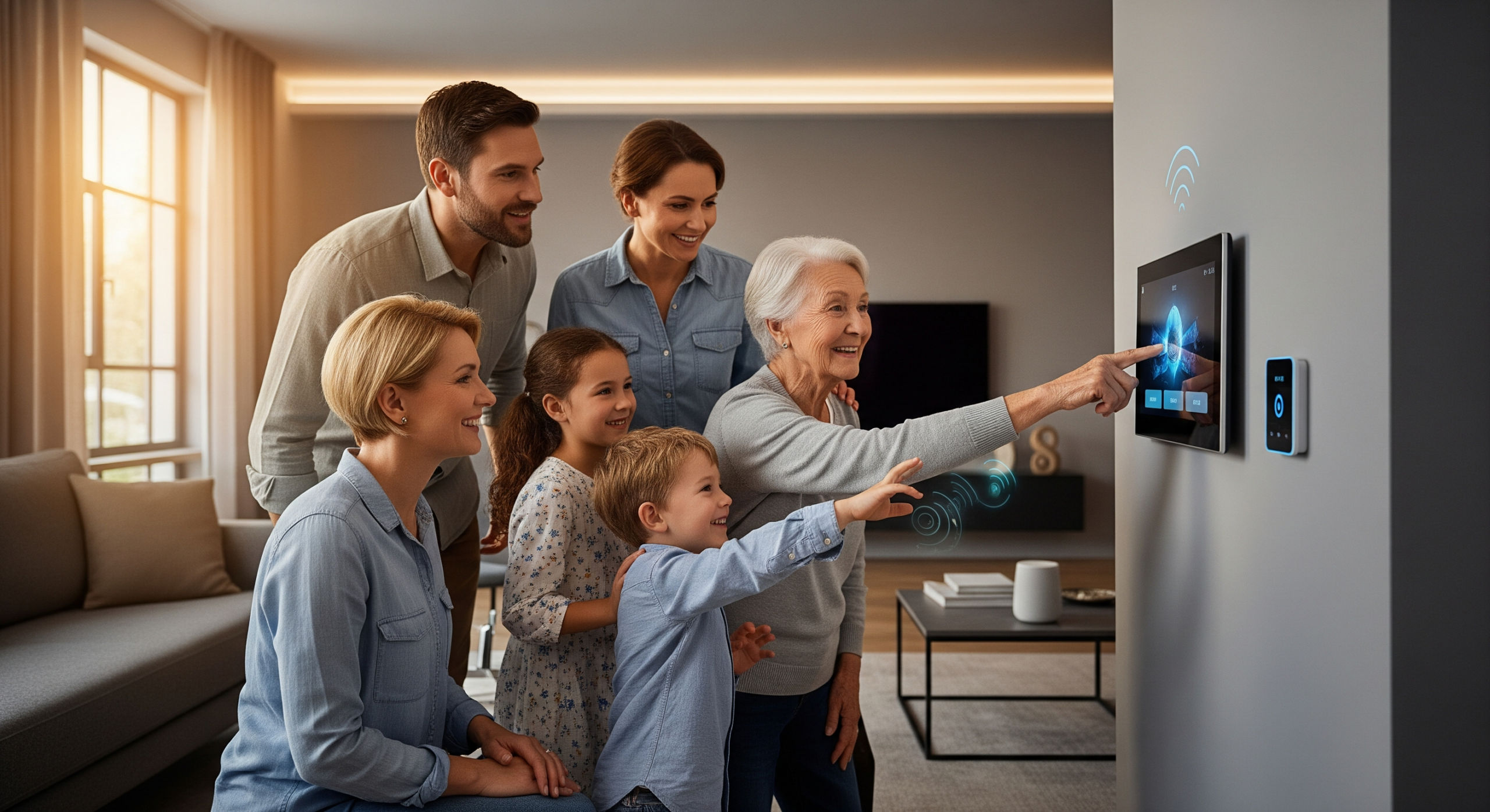 Hình minh họa gia đình đa thế hệ tiện lợi với công tắc thông minh của giải pháp nhà thông có dây Hình minh họa gia đình đa thế hệ tiện lợi với công tắc thông minh của giải pháp nhà thông có dây