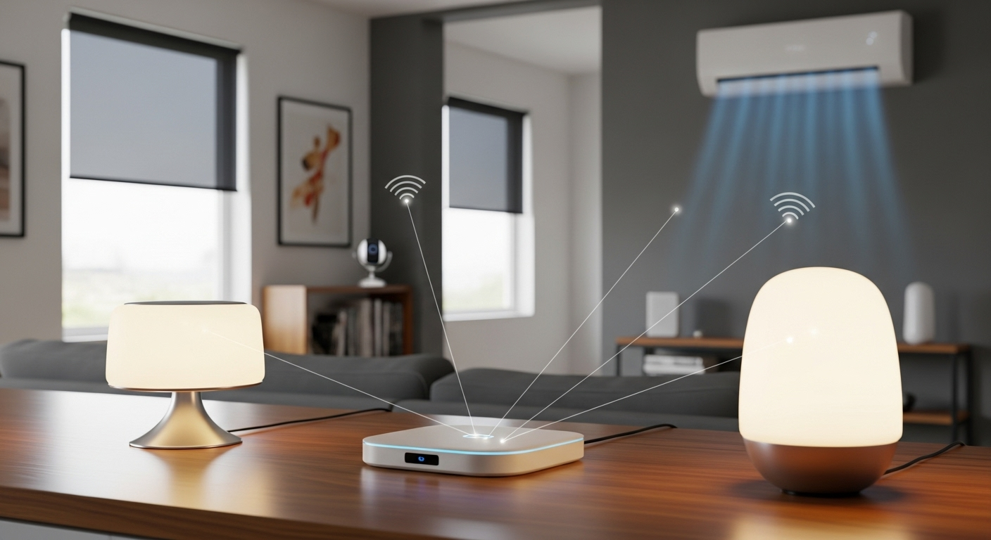 các thiết bị Smart Home (đèn, rèm, máy lạnh, an ninh) kết nối với nhau thông qua một hub trung tâm