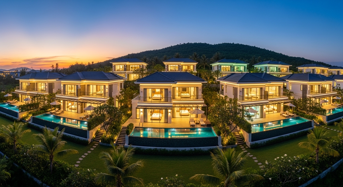 Hình ảnh một khu biệt thự cao cấp ở Việt Nam với ánh sáng đèn Smart Home vào buổi tố