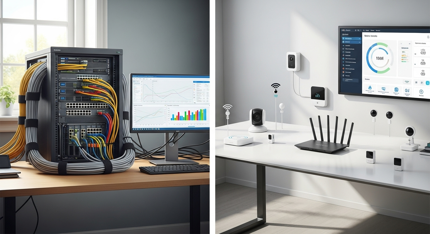 Hình ảnh so sánh giữa hệ thống đi dây (wired system) với dây cáp mạng gọn gàng và hệ thống không dây (wireless system) với nhiều thiết bị cảm biến