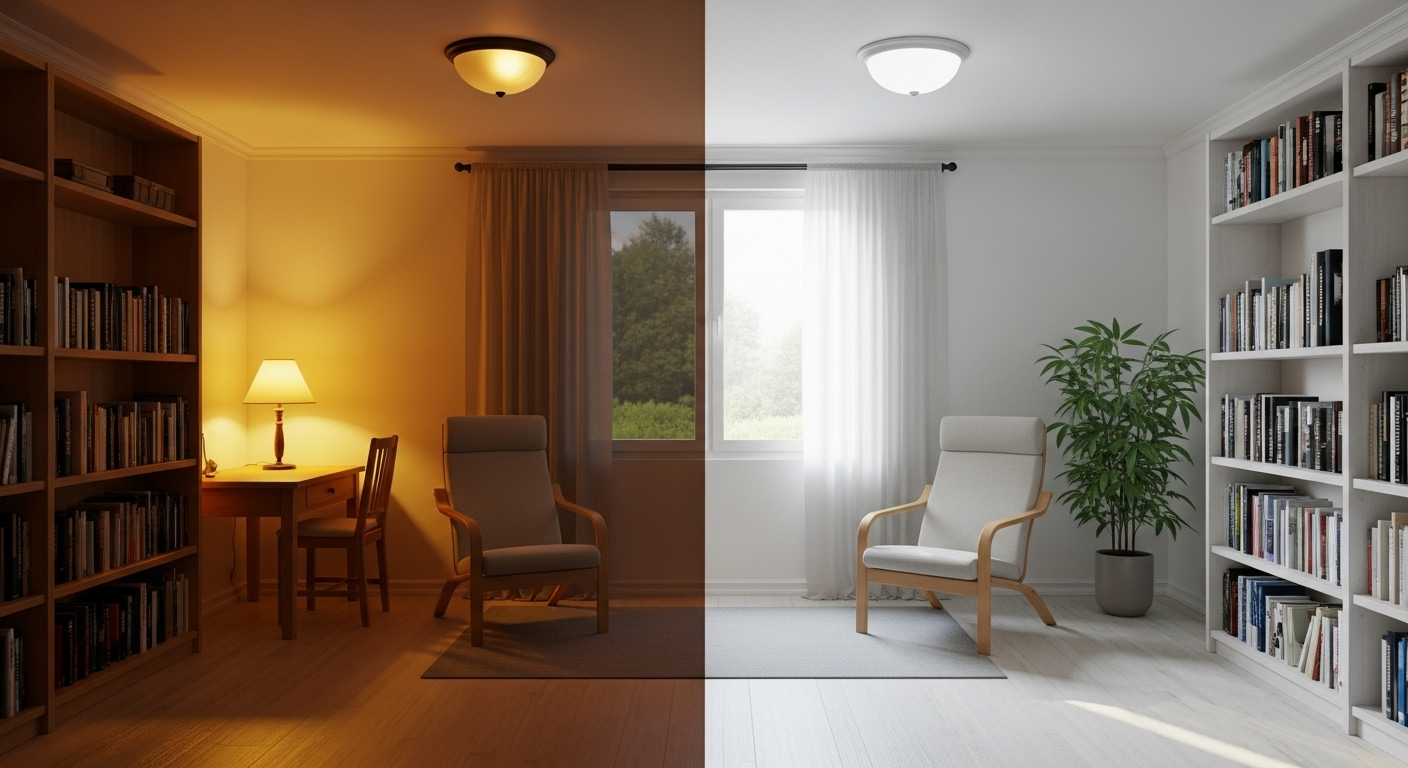 Hình ảnh một căn phòng có ánh sáng chuyển từ tông vàng ấm (buổi tối) sang tông trắng lạnh (ban ngày).