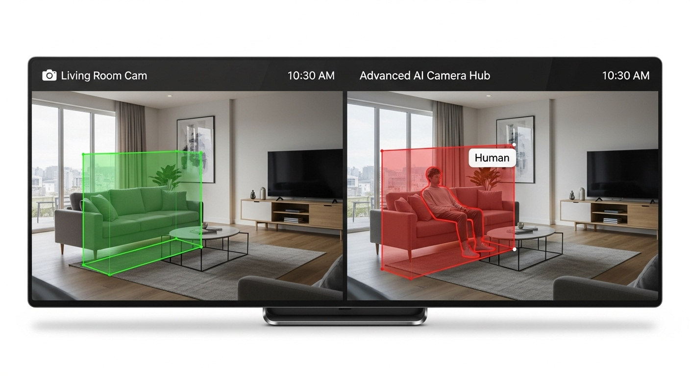 AI Camera Hub với khung màu đỏ khoanh tròn đối tượng "Human"