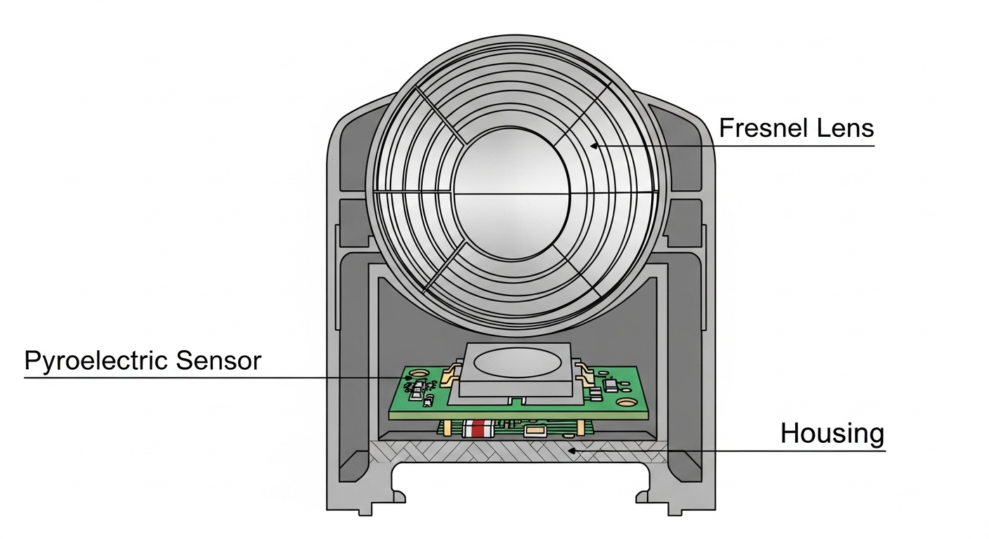 Hình ảnh cắt lớp (cross-section) của một cảm biến PIR, chú thích các thấu kính Fresnel và cảm biến pyroelectric.