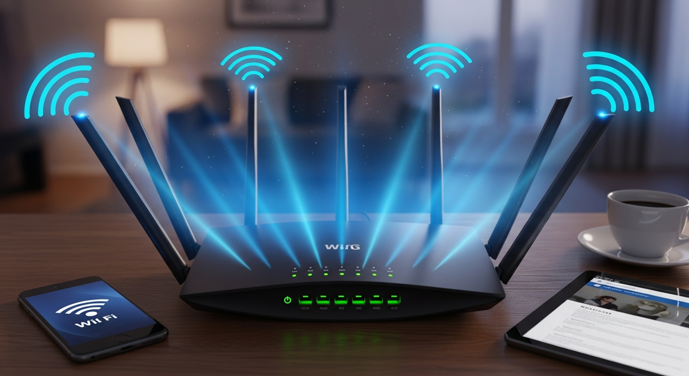 Hình ảnh router mạng gia đình với tín hiệu Wi-Fi mạnh