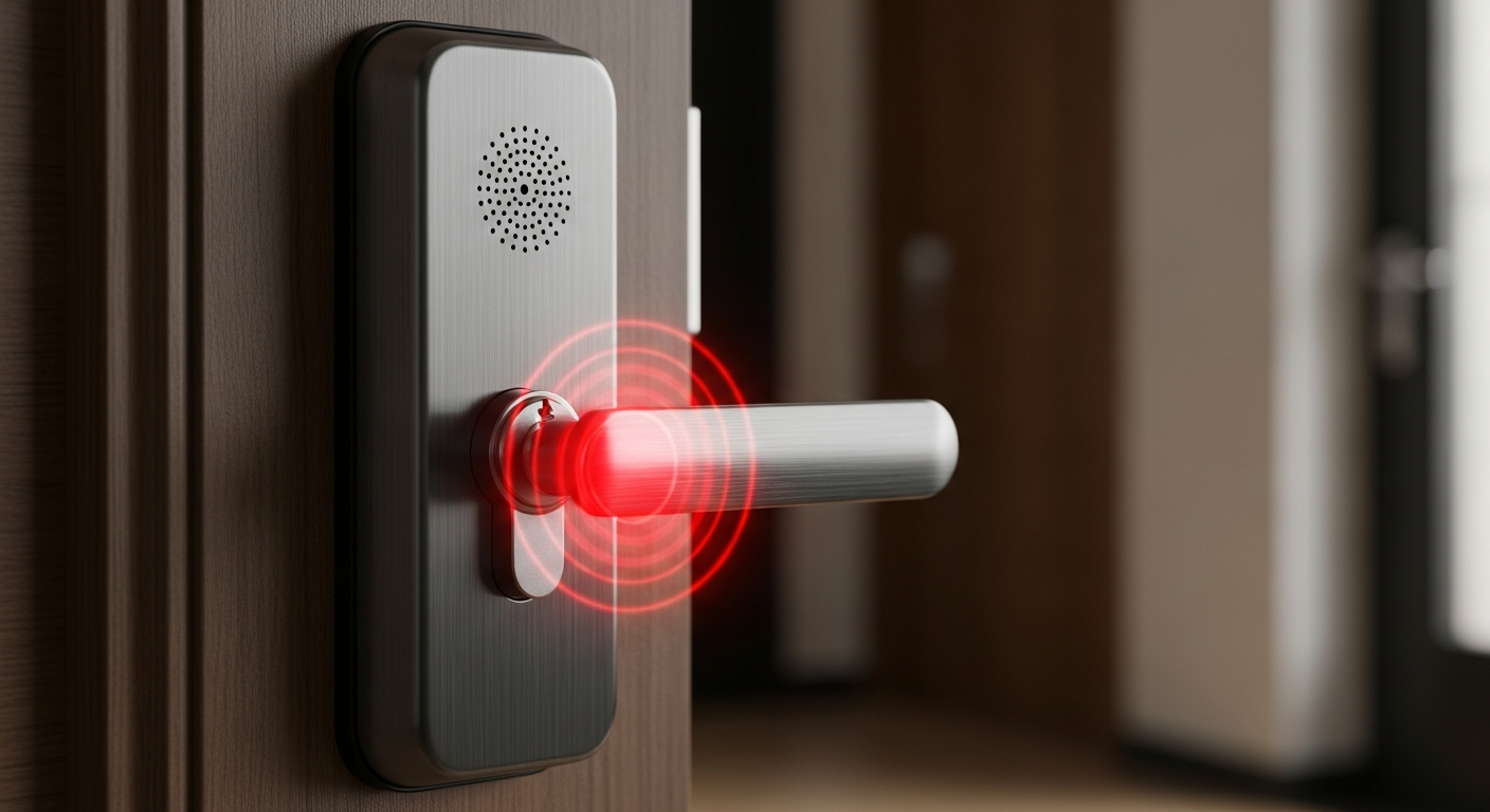 Hình ảnh ổ khóa phát ra ánh sáng đỏ hoặc loa báo động của khóa cửa thông minh
