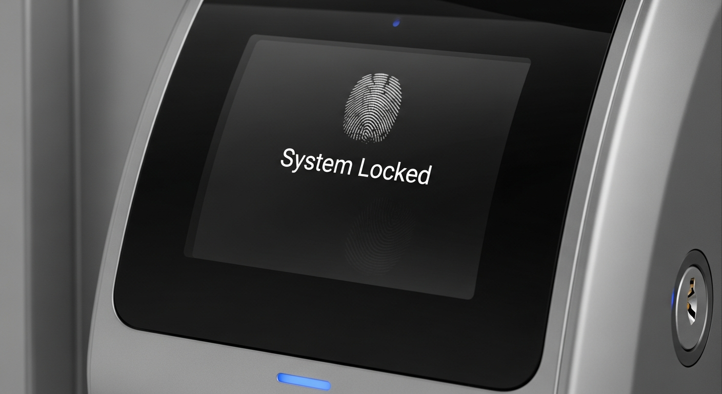 Màn hình khóa hiển thị thông báo "System Locked" (Hệ thống đã khóa) của khóa cửa thông minh