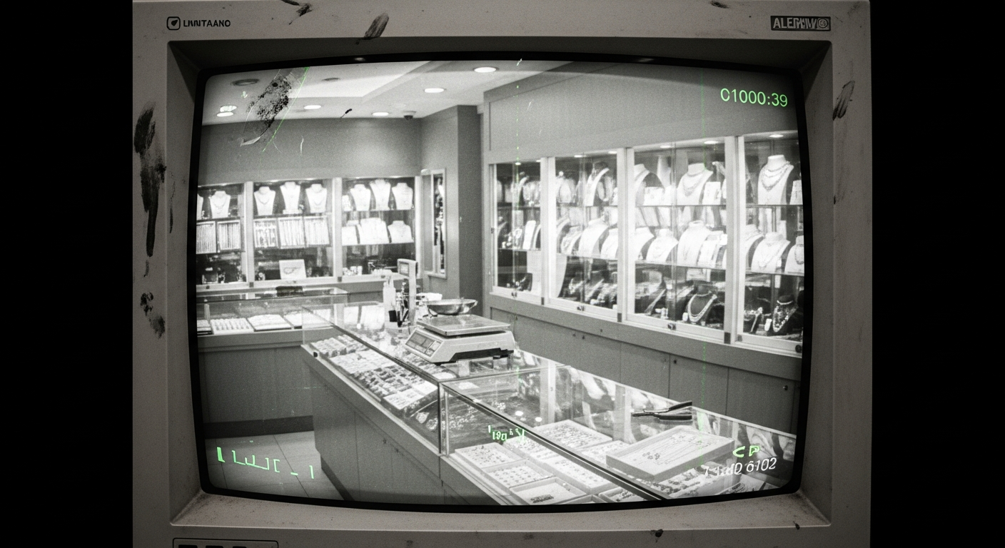 một màn hình CCTV cũ của tiệm vàng , mờ, chỉ hiển thị cảnh quay mà không có bất kỳ cảnh báo nào.