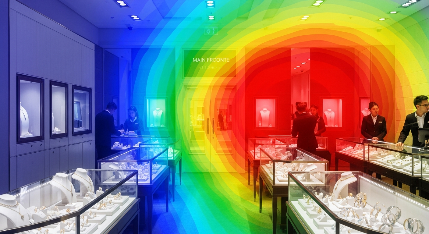 Đồ họa nhiệt (heatmap) trong tiệm vàng, hiển thị khu vực tập trung giám sát