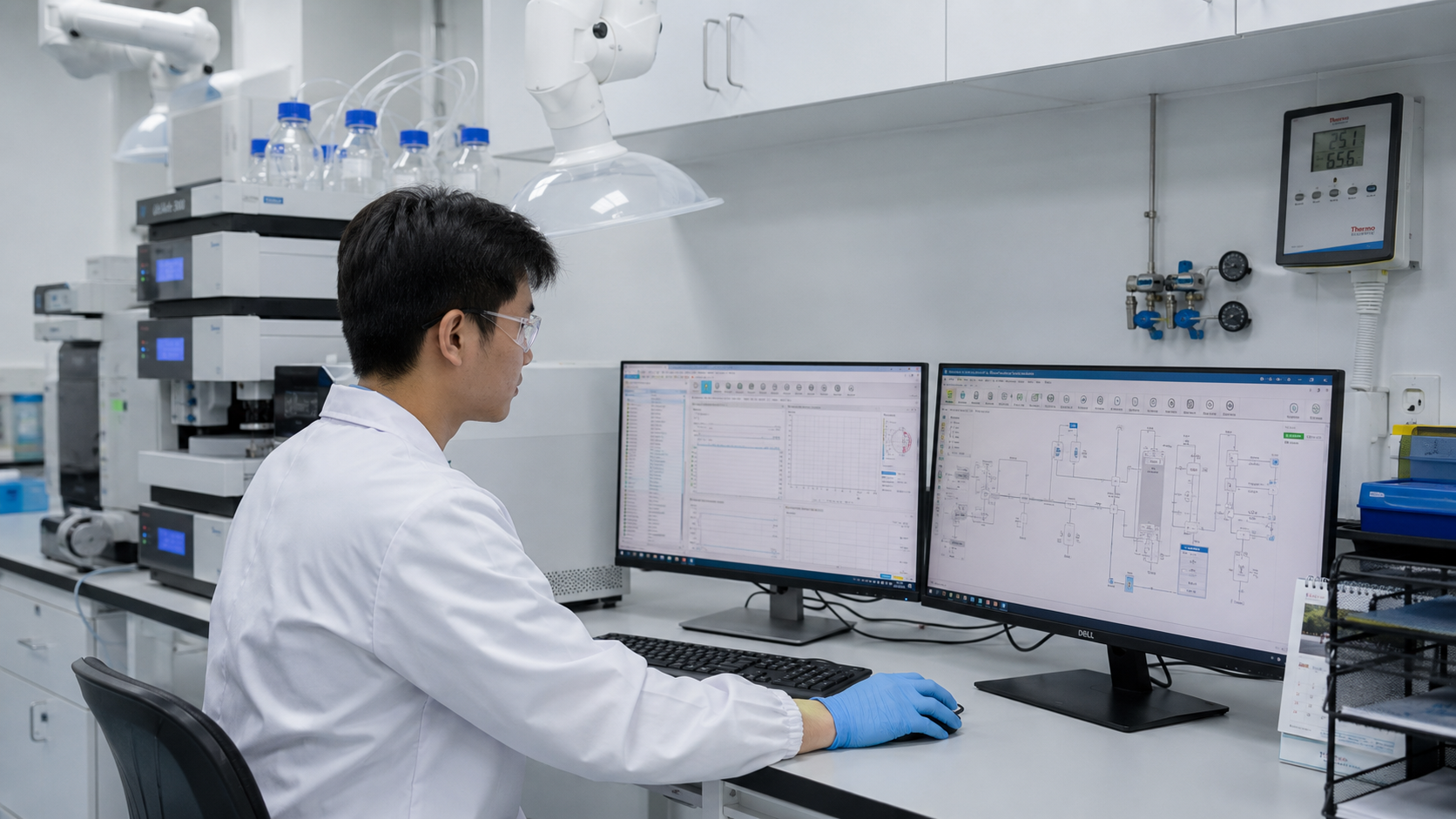 Kỹ thuật viên vận hành phòng lab qua hệ thống điều khiển số