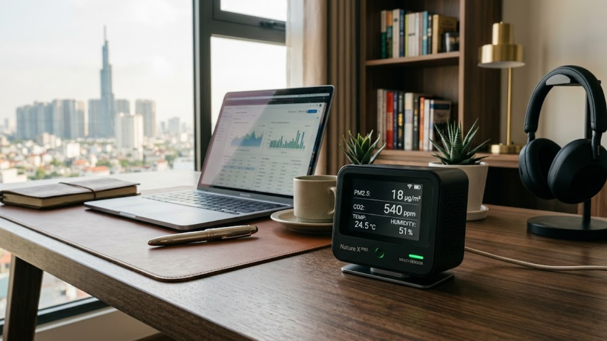 Cảm biến môi trường đa chỉ số Nature X PRO đo bụi mịn PM2.5, CO2 và nhiệt độ thực tế đặt trên bàn làm việc sang trọng