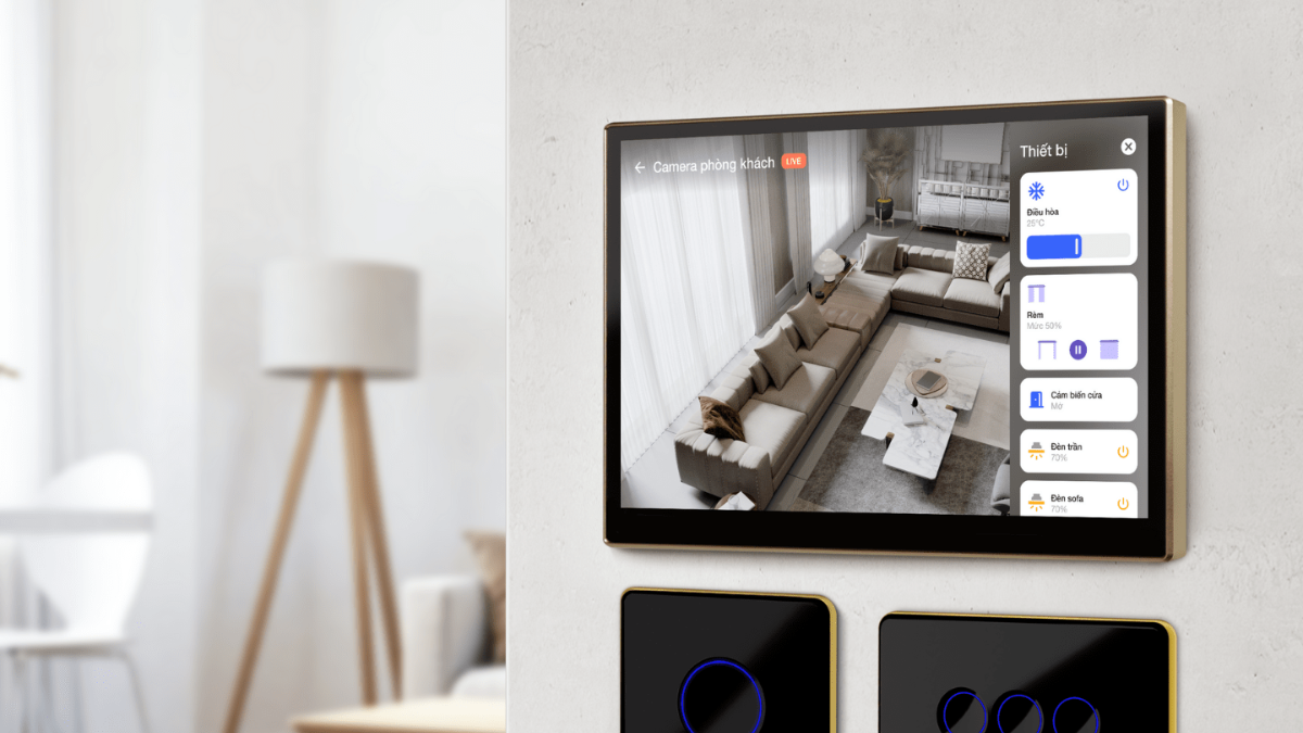 Giao diện điều khiển kịch bản ngữ cảnh đa nhiệm trên màn hình Wallpad gắn tường phòng khách