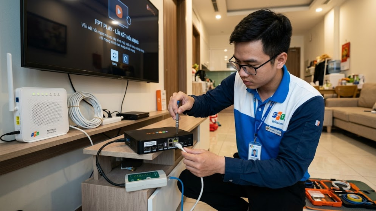 Kỹ sư kỹ thuật đang kiểm tra cổng kết nối mạng LAN và thao tác khắc phục sự cố trên FPT Play Box S