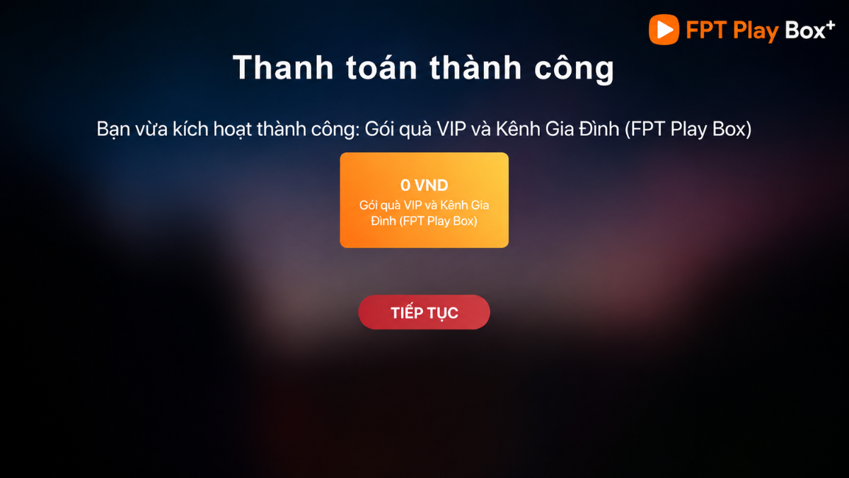 Giao diện chọn gói quà VIP 0 đồng trên màn hình tivi FPT Play Box S với thông báo áp dụng thành công