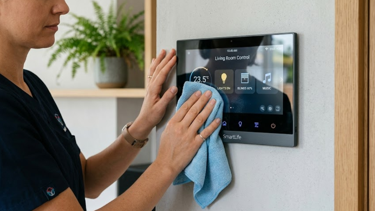 Kỹ thuật viên Thạch Anh ITT dùng khăn mềm microfiber vệ sinh màn hình Wallpad