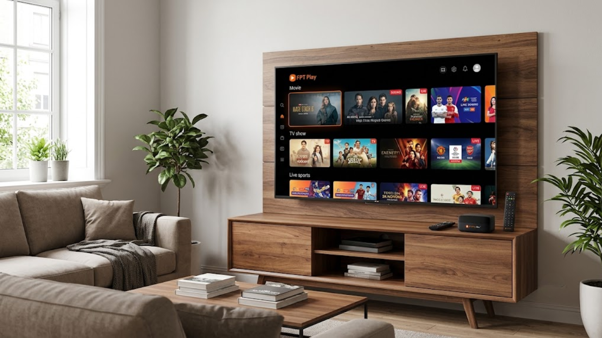 Thiết bị FPT Play Box S đặt cạnh màn hình TV trong không gian phòng khách hiện đại với giao diện trang chủ FPT Play